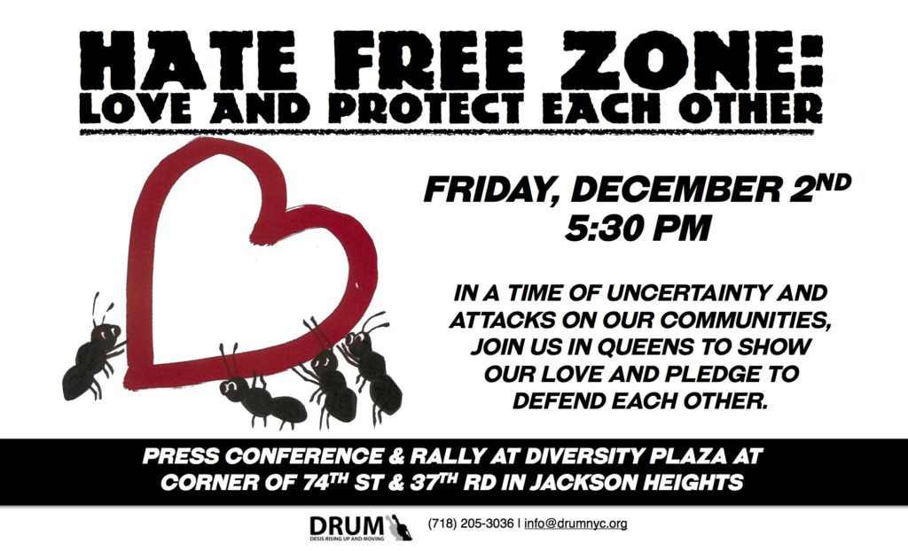 December 2nd, 5:30
Diversity Plaza, 74th street and 37th road, Jackson Heights