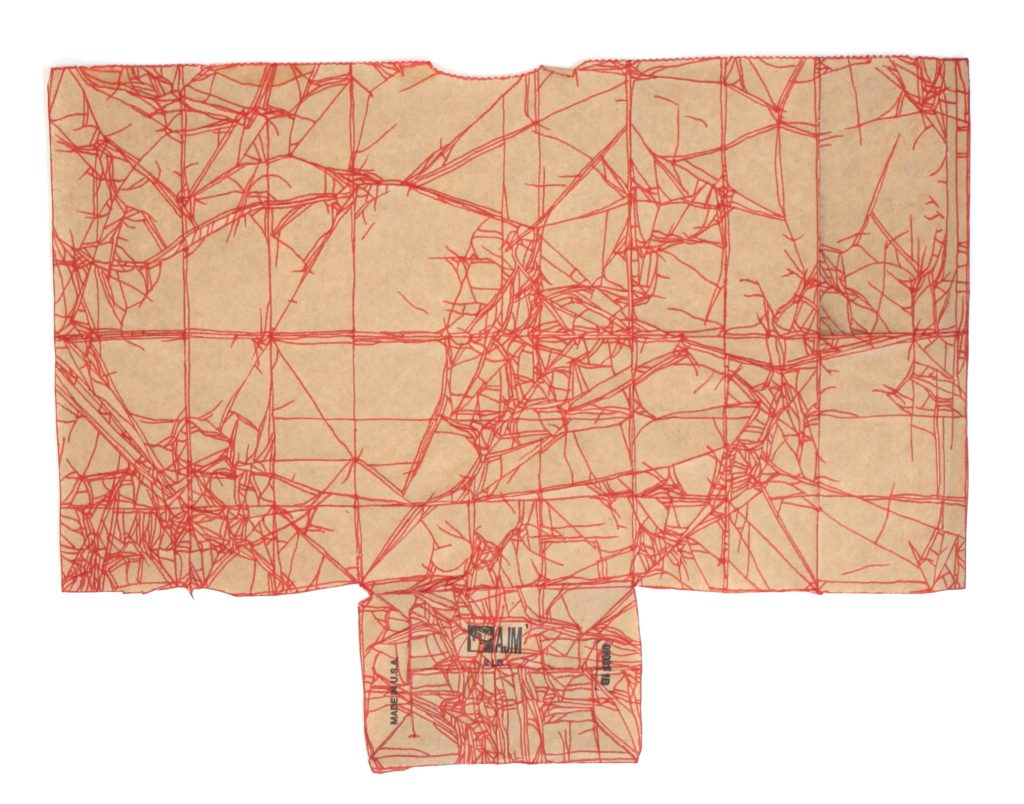 With red Content, 2016, fineliner on brown bag, 27x34,5cm