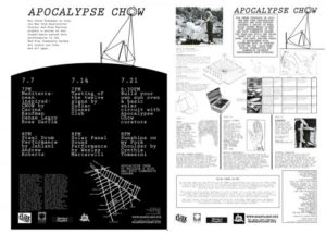 Two pages of typewriter text litters the entire page; geometric shapes, diagram of a hand and a photo of a person tending to a circular solar panel are scattered throughout the pages. The words "APOCALYPSE CHOW" are on top of the pages.