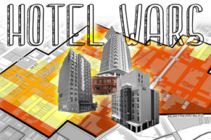 A graphic image of three grey buildings in the center with the words "HOTEL WARS" on top. The background is a digitally drawn layout of houses and buildings on streets and some are completely drawn in with red, yellow and orange.