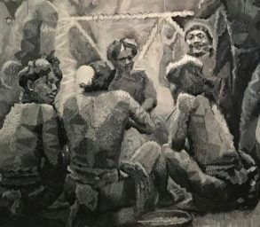 A painting of a group of indigenous people gather round to talk to each other.