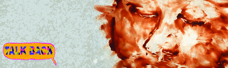 Image Credit: Laurie Berenhaus Image Description: Smears of brown paint form a face with closed eyes and a neutral expression. The strokes smudge beyond the outline of the face. A grey background.