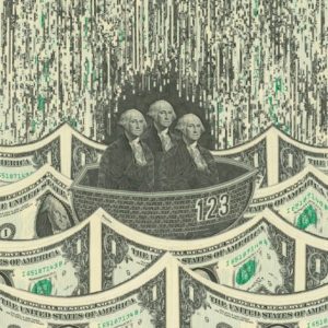 Three dollar bill Washingtons sit in a boat, floating on a sea of dollar bill waves.