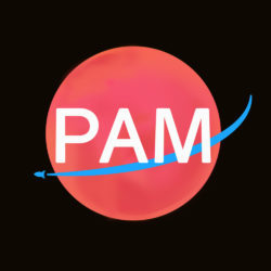 Image Description: “PAM” is written in large, white text in the center of a square image. Behind the word “PAM” is a red circle with a curved, blue line that crosses the middle of the circle with a simple, small rocketship-esque symbol at the very end. The background is black.