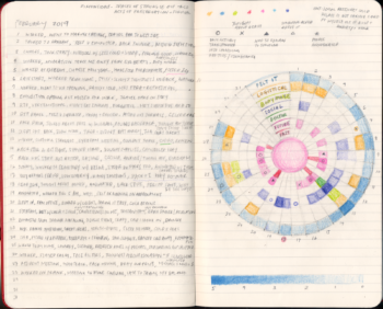 A page spread out of Yo-Yo Lin’s Resilience Journal from the month of February. There is a circular diagram comprised of various sections filled in with different colors on the right side of the journal, and on the left side is detailed notes about her daily life with chronic illness.