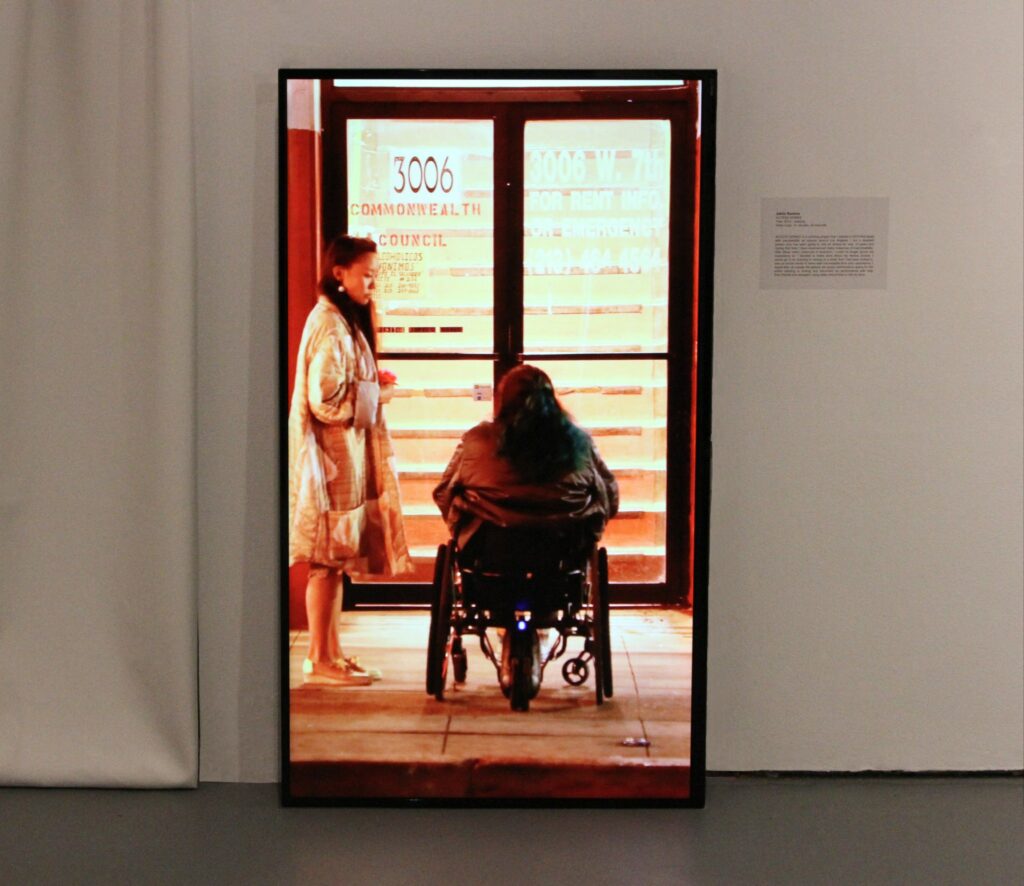 A photo of a person's back sitting in a wheelchair as they interact with someone in front of the Commonwealth Council. Behind the double doors are a flight of stairs.