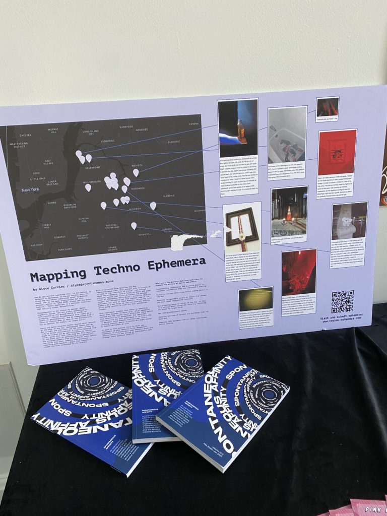 Mapping techno ephemera posterboard with examples of the ephemera that has been submitted, along with 3 copies of the latest Spontaneous Affinity zine. 